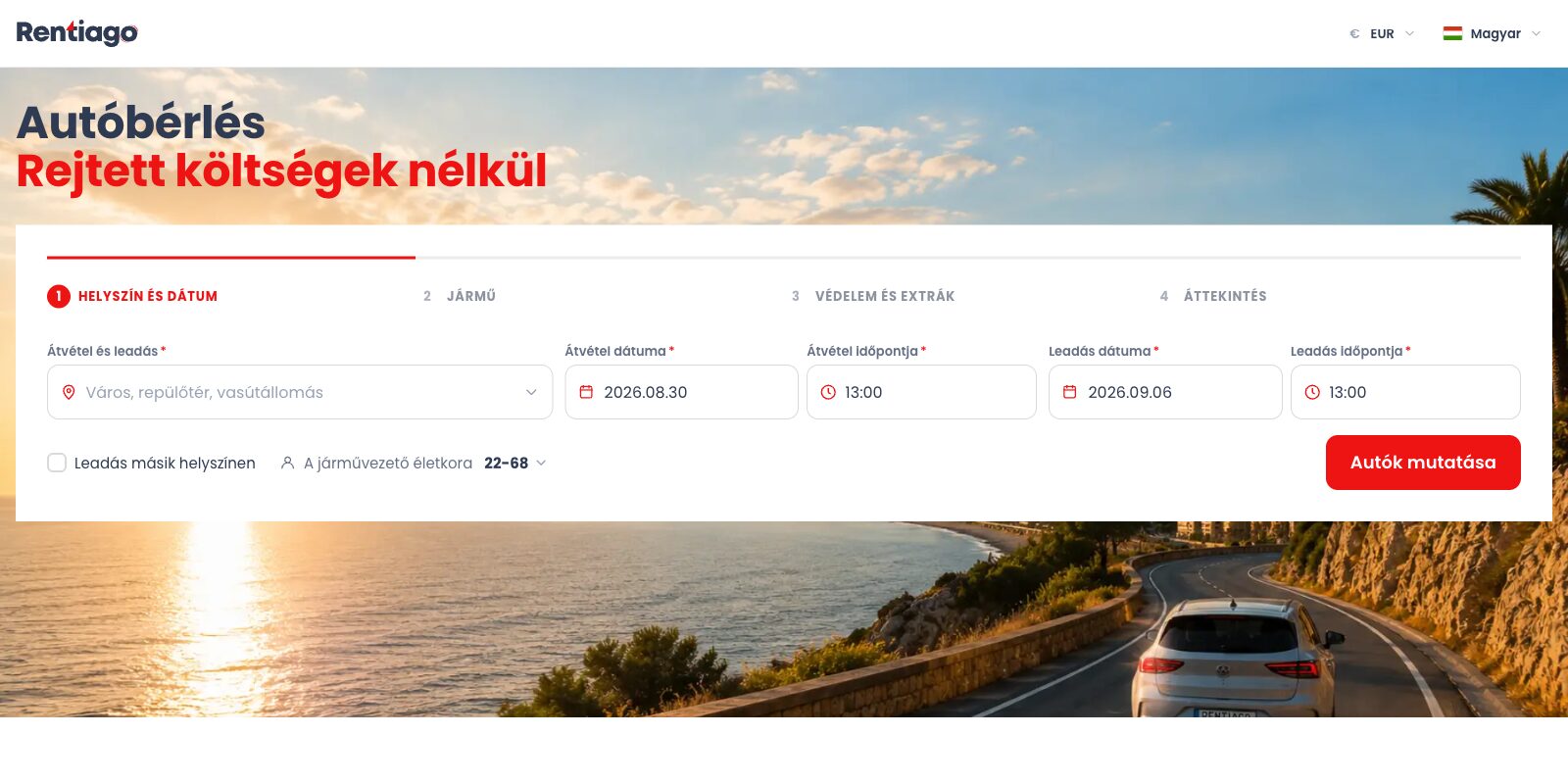 A Rentiago foglalási felülete a négylépéses foglalás első lépésénél, ahol az átvételi hely és időpont adható meg.