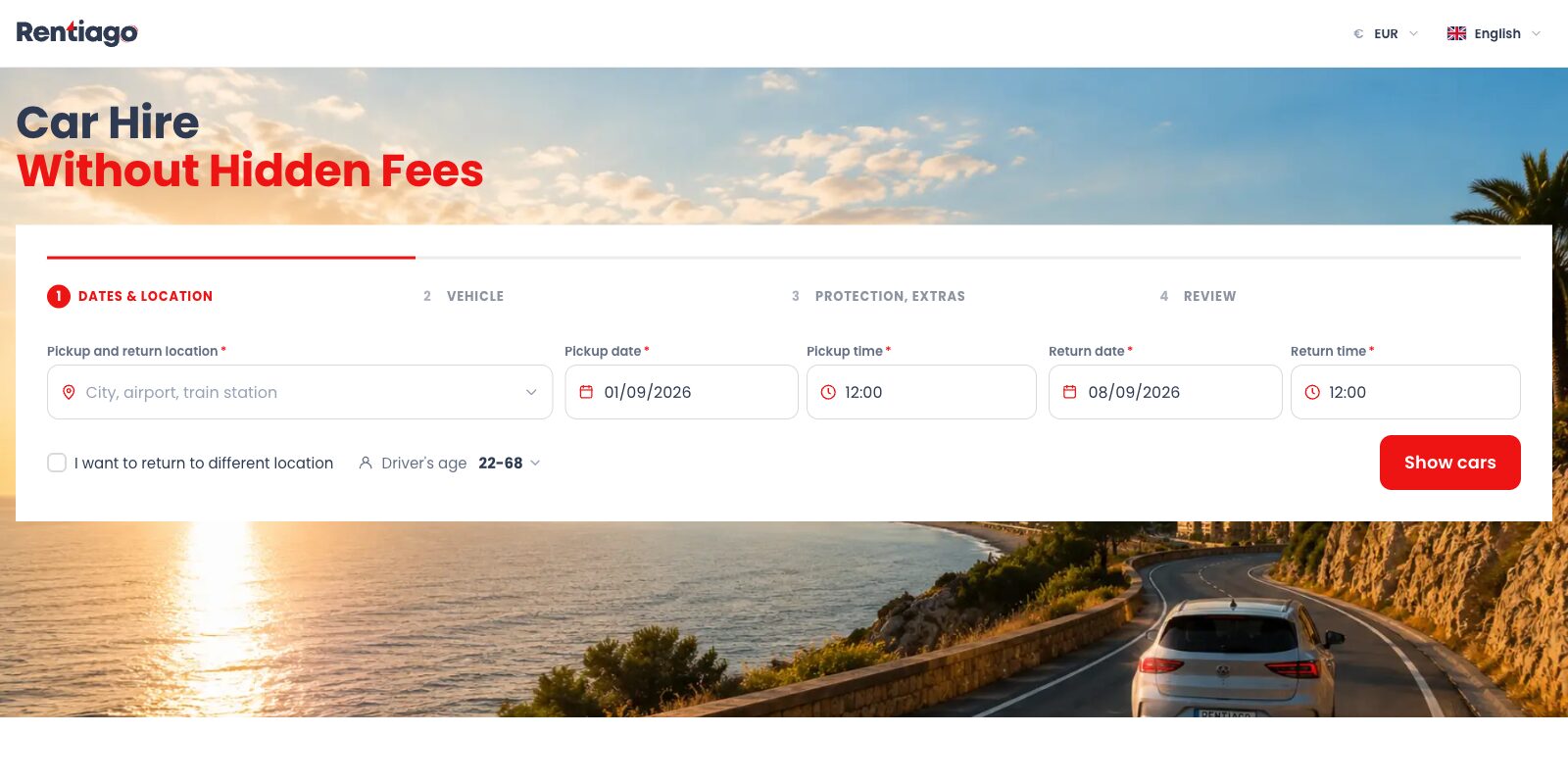 The Rentiago booking screen at the first of four steps, where the pick-up location and date are entered.