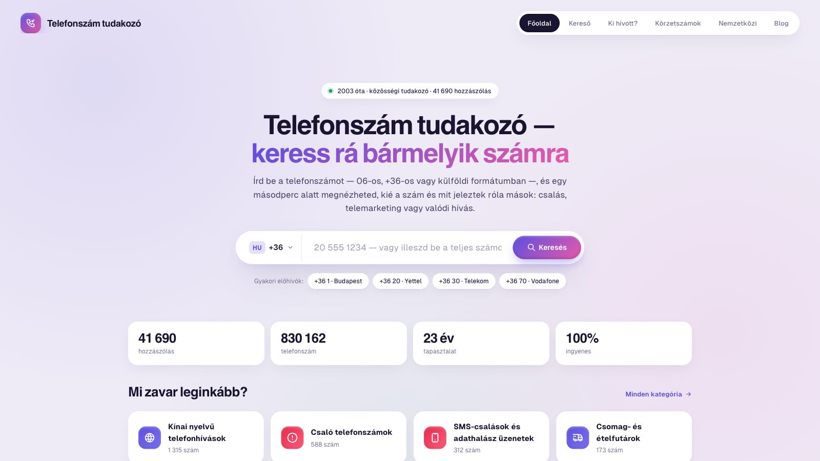 The Telefonszám tudakozó home page, with the search box in the middle and the most common call types below it.